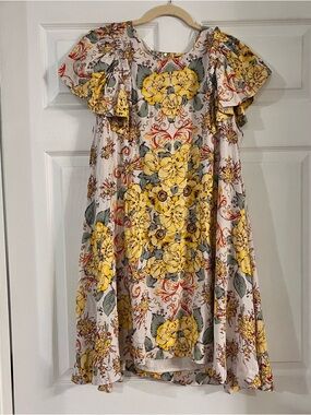 Free People Yellow Floral Ruffle Sleeve Mini Dress